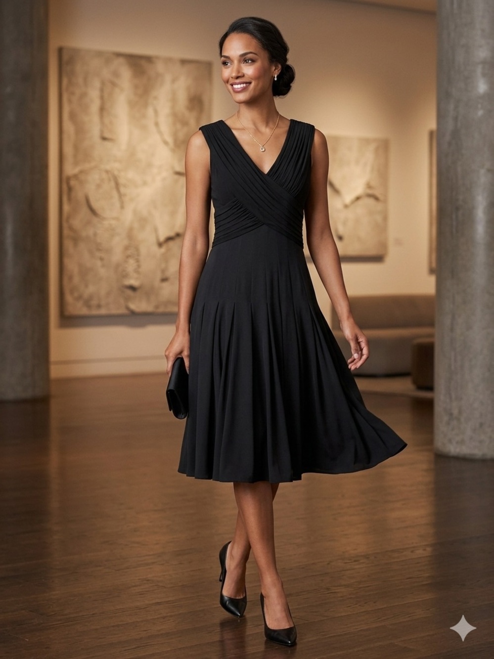 Adrianna Papell Black Sleeveless Wrap-Style Pleated Midi Dress